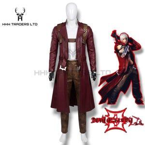 May include: A burgundy leather coat, brown pants, and a white shirt are displayed on a mannequin. The coat has a belt and shoulder accents. A character illustration and the "Devil May Cry" logo are also shown.