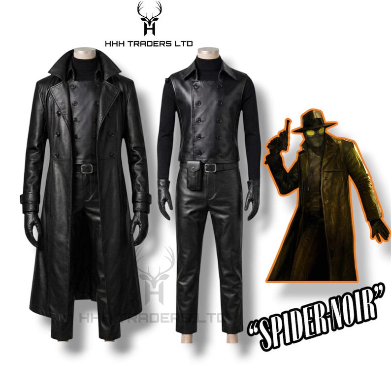 Set completo per cosplay di Spider-Noir / Completo in pelle di Spider-Man Noir / Trench, gilet, dolcevita, pantaloni, guanti e fondina / Fedele al personaggio visto sullo schermo immagine 1