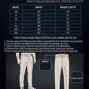 Pu&ograve; includere: Tabella delle misure dei pantaloni con taglie dalla XS alla 3XL, che indica le misure della vita e dell'interno gamba in pollici. La tabella include istruzioni per misurare e trovare la taglia giusta. Le misure della vita variano da 76 cm a 107 cm.