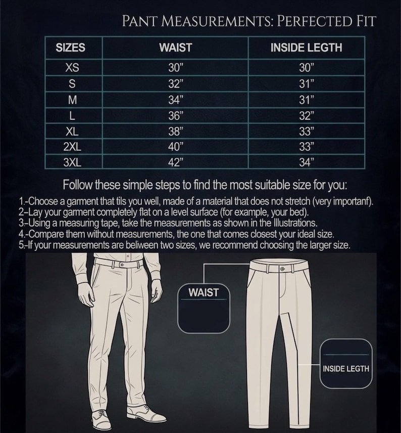Pu&ograve; includere: Tabella delle misure dei pantaloni con taglie dalla XS alla 3XL, che indica le misure della vita e dell'interno gamba in pollici. La tabella include istruzioni per misurare e trovare la taglia giusta. Le misure della vita variano da 76 cm a 107 cm.