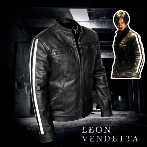 Leon S Kennedy Vendetta Real Leather Jacket – Distressed Motorcycle Biker Cosplay