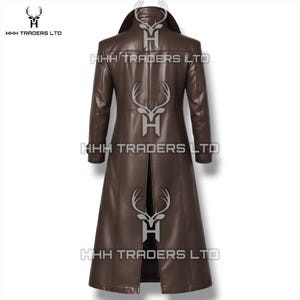 May include: A dark brown leather trench coat shown from the back, featuring a high collar, long sleeves, and a central vertical vent at the hem. The garment displays a smooth finish with visible seam detailing throughout the back paneling.