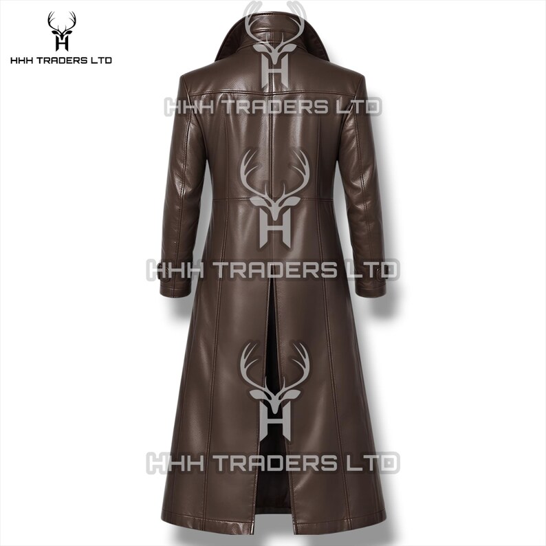 May include: A dark brown leather trench coat shown from the back, featuring a high collar, long sleeves, and a central vertical vent at the hem. The garment displays a smooth finish with visible seam detailing throughout the back paneling.