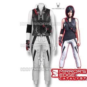 May include: A cosplay outfit from the video game Mirror's Edge Catalyst. The outfit includes a black and red vest, white pants with black accents, and black arm and wrist guards. The outfit is displayed on a mannequin and a model.