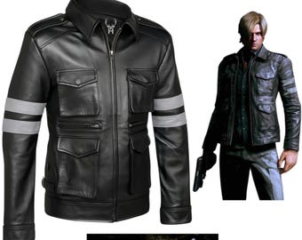 Leon S Kennedy Leather Jacket Resident Evil 6 Cosplay | Black Cowhide Biker Jacket Grey Stripes Unisex