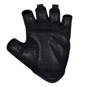May include: Black fingerless glove with a mesh palm and padded areas. The glove has a reinforced thumb and finger loops. The back of the glove is made of a solid black material. This glove is designed for cycling or weightlifting.
