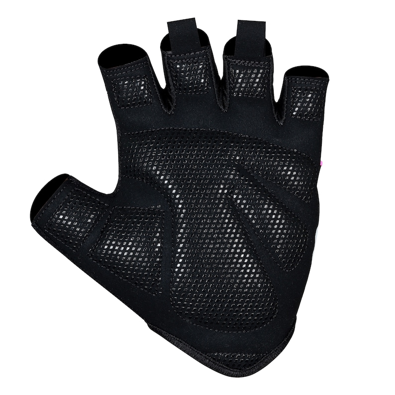 May include: Black fingerless glove with a mesh palm and padded areas. The glove has a reinforced thumb and finger loops. The back of the glove is made of a solid black material. This glove is designed for cycling or weightlifting.