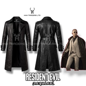 Puede incluir: Abrigos largos de cuero negro con dise&ntilde;o cruzado, cintur&oacute;n y cuello cl&aacute;sico. La imagen tambi&eacute;n presenta a una persona con traje y abrigo largo. El texto "RESIDENT EVIL requiem" est&aacute; en la parte inferior.