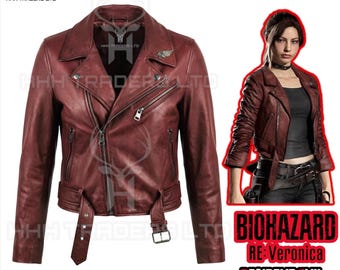 Giacca Claire Redfield Resident Evil Veronica Remake Giacca da motociclista in pelle Costume cosplay Biohazard da donna Code Veronica Giacca da moto bordeaux