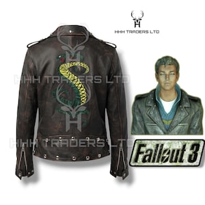 May include: Brown leather jacket with a distressed finish, featuring a green and yellow snake design on the back. Includes a Fallout 3 character image and logo. The jacket has a zipper closure and silver studs.