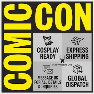 Puede incluir: Un dise&ntilde;o gr&aacute;fico cuadrado con las palabras "COMIC CON" en letras amarillas grandes sobre un fondo negro. La imagen incluye iconos y texto para "COSPLAY READY", "EXPRESS SHIPPING", "MESSAGE US FOR ALL DETAILS & INQUIRIES" y "GLOBAL DISPATCH".