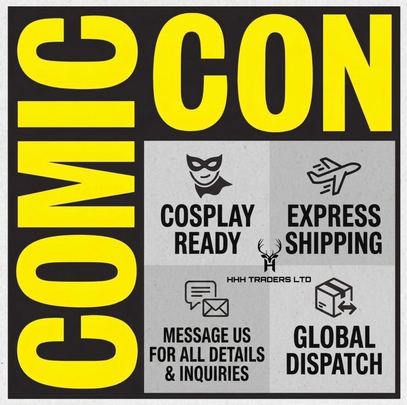 Puede incluir: Un dise&ntilde;o gr&aacute;fico cuadrado con las palabras "COMIC CON" en letras amarillas grandes sobre un fondo negro. La imagen incluye iconos y texto para "COSPLAY READY", "EXPRESS SHIPPING", "MESSAGE US FOR ALL DETAILS & INQUIRIES" y "GLOBAL DISPATCH".