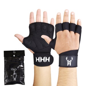 May include: Black weightlifting gloves with padded palms and wrist straps. The gloves have a textured grip surface and white logos on the wrist straps. A black plastic bag with a logo is also included.