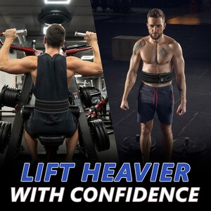 Peut inclure: L'image montre deux hommes portant des ceintures d'halt&eacute;rophilie pendant leur entra&icirc;nement. L'un utilise une machine, l'autre est debout. Le texte "LIFT HEAVIER WITH CONFIDENCE" est affich&eacute; en bleu et blanc. Les ceintures sont noires avec des coutures blanches.