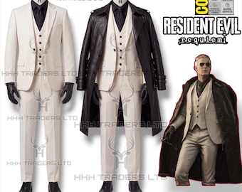 RE9 Zeno Wesker Clone Completo Outfit – Trench in pelle di alta qualità, gilet avorio, pantaloni e camicia nera – Set Cosplay Completo Resident Evil Requiem