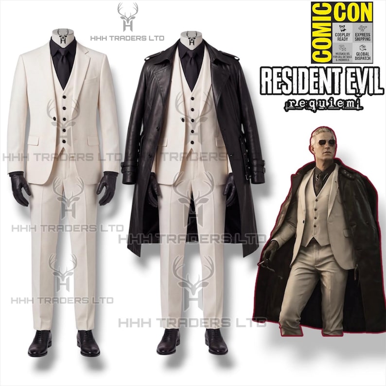 Puede incluir: Traje color crema con corbata y chaleco negros, guantes y zapatos negros. Tambi&eacute;n se muestra una gabardina de cuero negra. La imagen incluye el texto "RESIDENT EVIL requiem" y "COMIC CON".