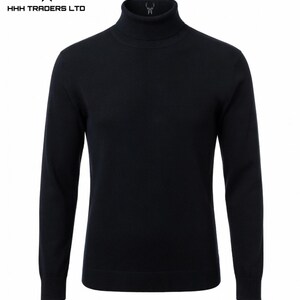 May include: A solid black long-sleeve turtleneck sweater featuring a ribbed collar, cuffs, and hem. The HHH TRADERS LTD logo, consisting of a deer head icon and text, is visible in the upper left corner and on the inside of the neck collar.