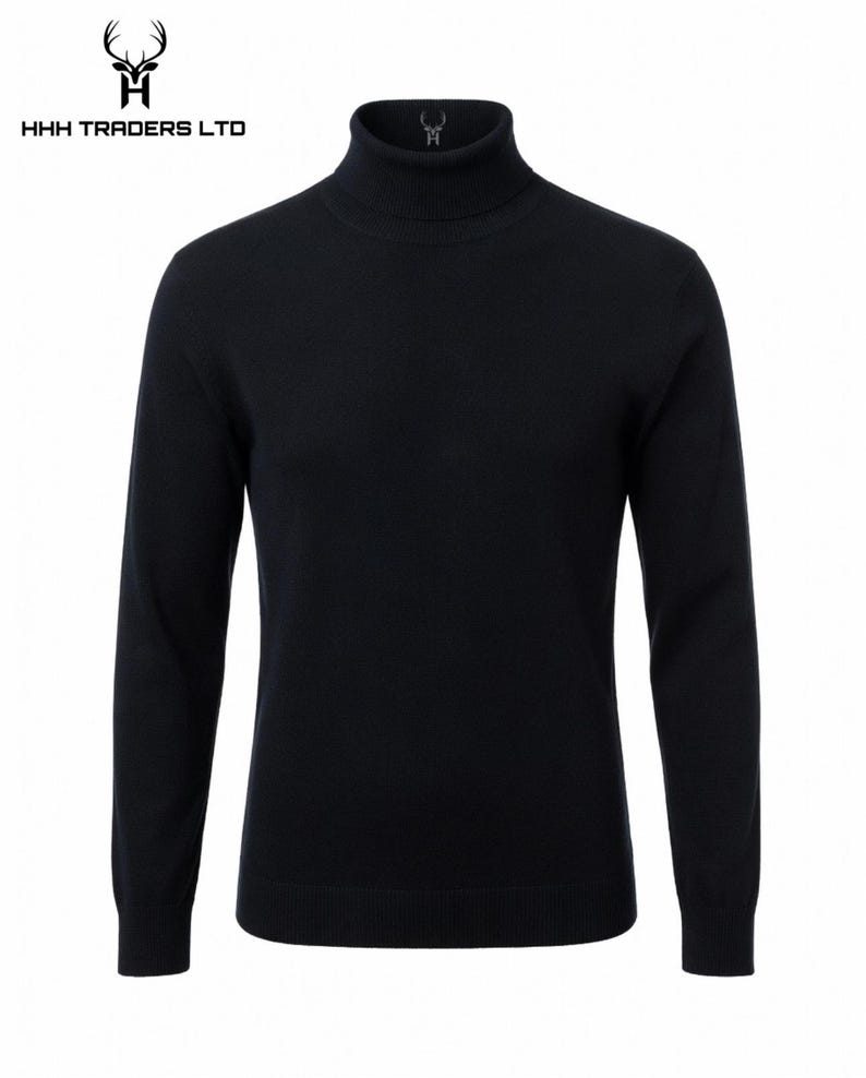 May include: A solid black long-sleeve turtleneck sweater featuring a ribbed collar, cuffs, and hem. The HHH TRADERS LTD logo, consisting of a deer head icon and text, is visible in the upper left corner and on the inside of the neck collar.