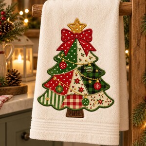 Patchwork Christmas Tree Applique Embroidery Design, Holiday Tree Bow Machine Embroidery, Christmas Towel Stitch Design, Instant Download