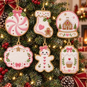 May include: Six embroidered felt Christmas ornaments hanging on a tree. Designs include a pink and white peppermint swirl, a stocking with a gingerbread man, a snow globe with a house, a blank scalloped sign, a gingerbread person, and a cupcake.