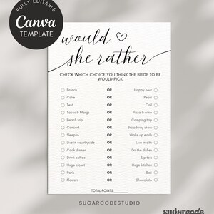 Serait-elle Plutôt Bridal Shower Jeu | Préférerait-elle | Jeu de Mariage minimaliste imprimable | Modèle modifiable | Téléchargement instantané | Toile