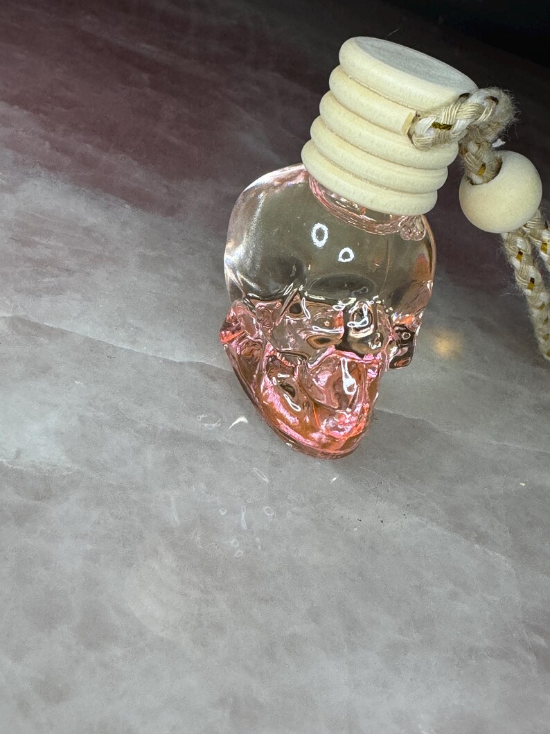 May include: A clear glass skull-shaped bottle filled with a pink liquid. The bottle features a ribbed light-coloured wooden cap and is attached to a thick, braided rope cord with a small wooden bead accent for hanging purposes.