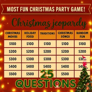 Könnte beinhalten: Ein weihnachtliches Jeopardy-Spielbrett mit Kategorien wie Weihnachtslieder, Filme, Essen und Traditionen. Das Spielbrett hat 25 Fragen und ist mit Lichterketten dekoriert, ideal für eine Weihnachtsfeier.