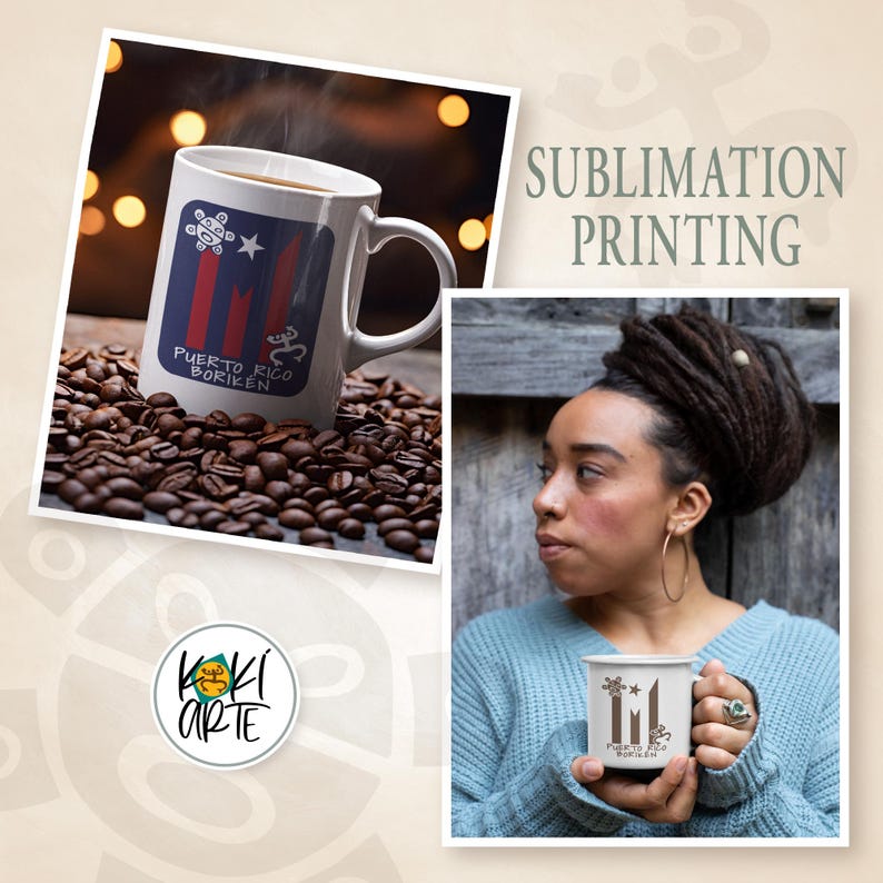 K&ouml;nnte beinhalten: Wei&szlig;e Keramik-Tasse mit einem Design der puerto-ricanischen Flagge, gef&uuml;llt mit Kaffee und dampfend. Die Tasse ist von Kaffeebohnen umgeben. Der Text "Puerto Rico Boriken" ist sichtbar. Das Bild enth&auml;lt auch den Text "Sublimation Printing".