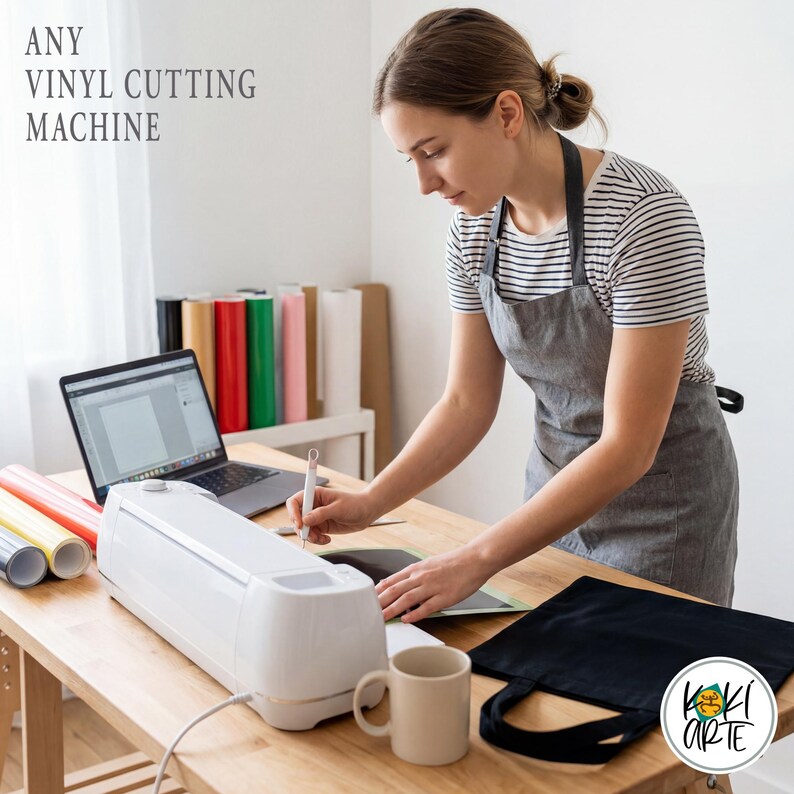 K&ouml;nnte beinhalten: Eine wei&szlig;e Vinyl-Schneidemaschine auf einem Holztisch mit einem Laptop, Vinylrollen und einer Tasse. Der Text &bdquo;ANY VINYL CUTTING MACHINE&ldquo; ist enthalten. Eine Person bedient die Maschine.
