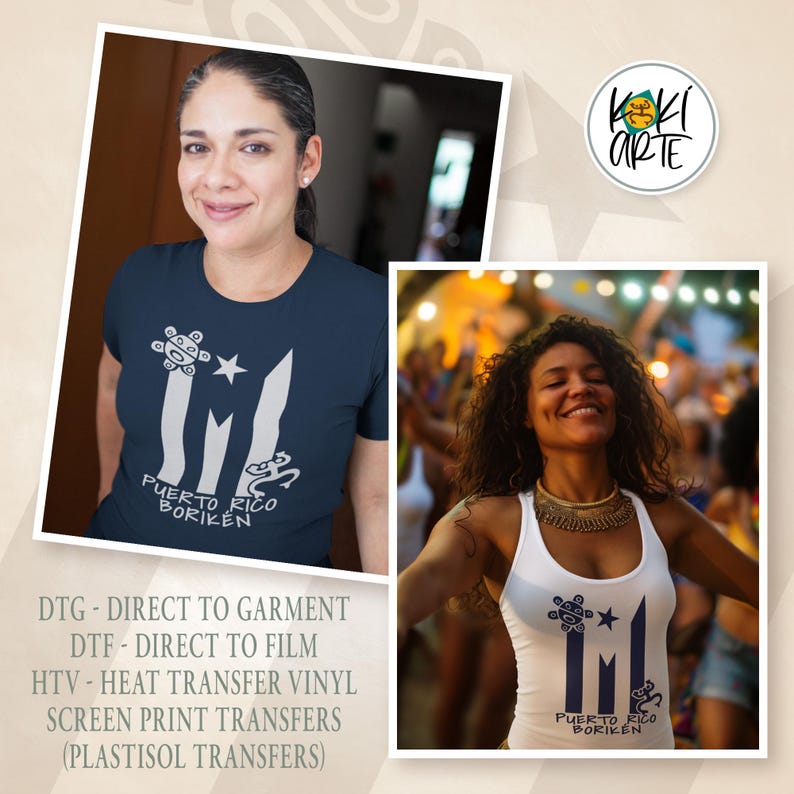 K&ouml;nnte beinhalten: Marineblaues T-Shirt und wei&szlig;es Tanktop mit einem wei&szlig;-blauen Grafikdesign und dem Text "Puerto Rico Boriken". Das Design enth&auml;lt einen Stern und andere kulturelle Symbole. Das Bild zeigt auch das Koki Arte-Logo.