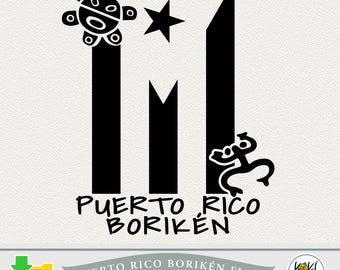 May include: Black and white graphic design featuring the Puerto Rican flag with the words "Puerto Rico Borikén". The design includes a star, a Taíno sun, and a Taíno figure. The image also includes the text "Digital Download".