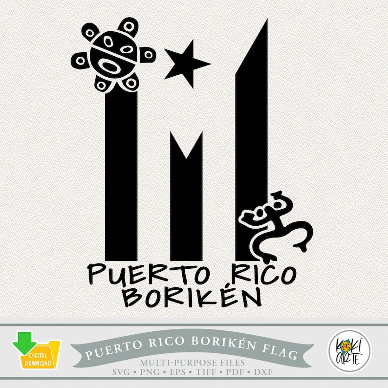 K&ouml;nnte beinhalten: Schwarz-wei&szlig; Grafikdesign mit der Flagge von Puerto Rico und den Worten "Puerto Rico Borik&eacute;n". Das Design beinhaltet einen Stern, eine Ta&iacute;no-Sonne und eine Ta&iacute;no-Figur. Das Bild enth&auml;lt auch den Text "Digitaler Download".