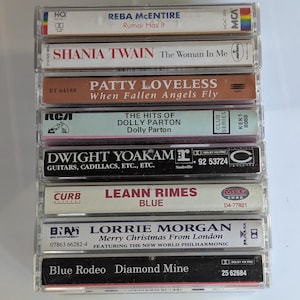 Cintas de casete de música country retro / Reba McEntire Shania Twain Dolly Parton LeAnn Rimes Lorrie Morgan Patty Loveless Dwight Yokam Blue Rodeo /