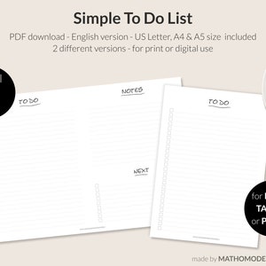 Simple To Do List, PDF download, print yourself or tablet use, 2 different versions included, English, A4, A5 & US size