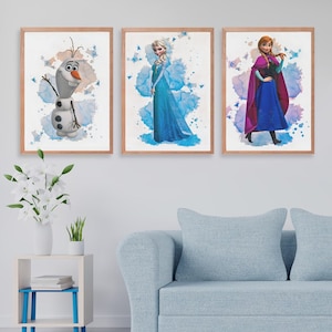 Arte de pared inspirado en Frozen, impresión digital de póster de princesas de Disney, fiesta de cumpleaños congelada de regalo de Navidad para niños y niños, Anna, Elsa, Olaf