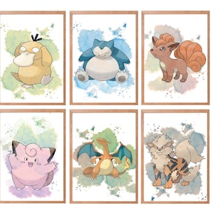 ポケモン水彩デジタルプリント、ポケモン壁アートポスター装飾、ポケモンファンギフト、子供用印刷可能＆ダウンロード可能なポケモンポスター - A3/A4