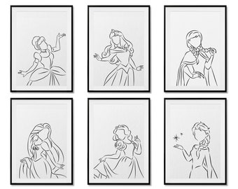 A set of 6 princesses Digital Art Print Kids Bedroom Nursery Gift Idea Lineart Children Wall Art Princesses Instant Download Printable.