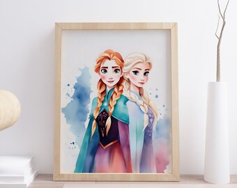 Frozen inspired wall art anna elsa, perfect birthday baby shower gift for her daughters bedroom nursery printable instant download poster A4