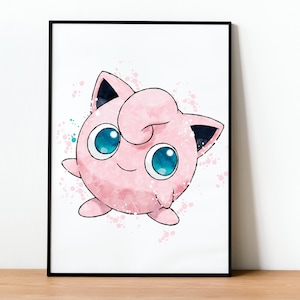 Jigglypuff Pokemon, cyfrowa sztuka do wydrukowania, ramka na ścianę do sypialni, prezent urodzinowy dla dziecka, prezenty dla dzieci.