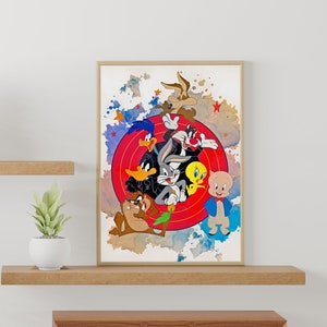 Impresiones digitales de acuarela de personajes de dibujos animados de Looney Tunes, regalos para niños, dormitorio de fiesta y arte de pared de guardería para niños, decoración de pared