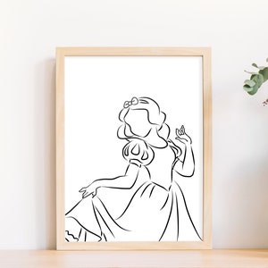 Puede incluir: Ilustración de línea de Blancanieves, una princesa de Disney, en un diseño simple en blanco y negro. La ilustración muestra a Blancanieves con un vestido y un lazo en el pelo.