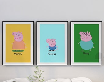 A set of 4 Peppa Pig digital prints, peppa pig birthday gift for kids png svg, peppa pig poster, mommy daddy george pig, instant download A4