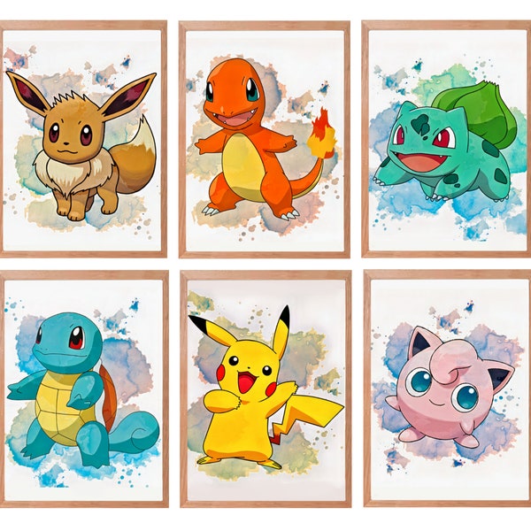 Pokemon Wall Art Watercolor Digital Prints, Nursery Bedroom Art Decor, Frame posters for Childrens Cartoon Characters, Pikachu Charmander.