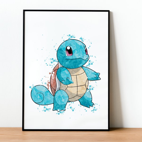 Squirtle Pokemon Digital Watercolor Print Printable Illustration, Pikachu Wall Art, Nursery Children Bedroom Wall Art Frame, Gifts for Kids.