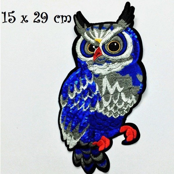 Grand Écusson patch brodé thermocollant - HIBOU CHOUETTE Sequin / BLEU ** 15 x 29 cm ** Applique à repasser - blouson, veste jeans, coussin