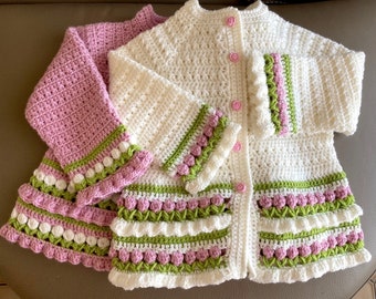 Cardigan, Veste, Gilet Fille enfant, Blanc crème rose poudré, taille 4 / 5 ans, Tricoté main laine acrylique OEKO-TEX® STANDARD 100