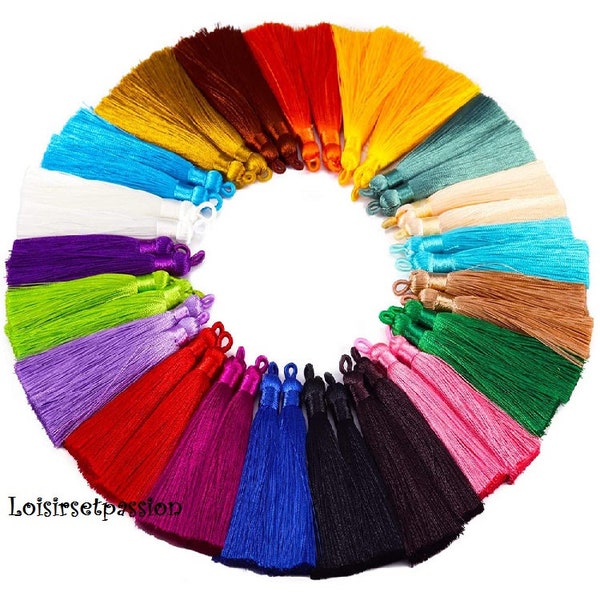 POMPON CON NAPPINE SPESSE, frange in raso di seta / multicolor, rosa, blu, arancione, rosso ** 8 cm ** Chiusura con asola - Venduto singolarmente