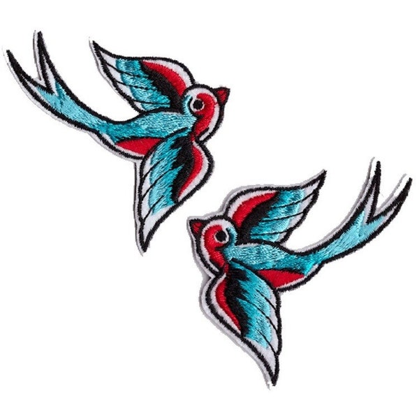 Symmetric iron-on embroidered patch, SYMMETRICAL SWALLOW BIRD ** 6 x 6 cm ** Iron-on applique