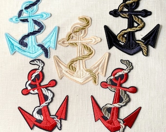 Iron-on embroidery patch - Large SEA ANCHOR / Golden red, silver, navy blue, pink flesh ** 8 x 11.5 cm ** Iron-on applique