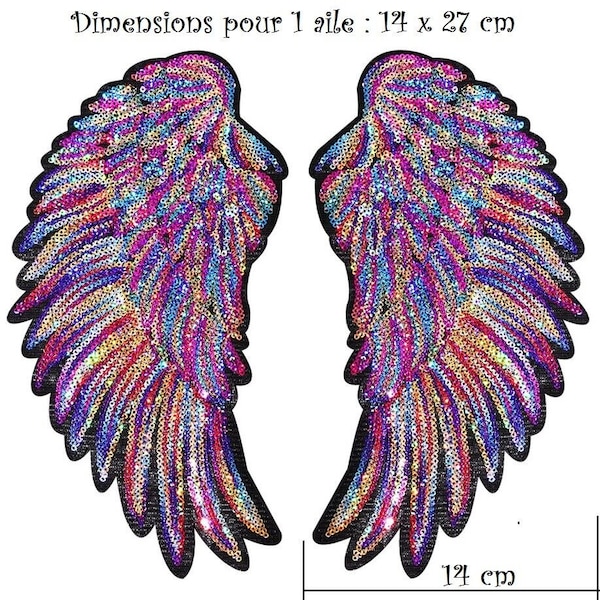 Grand Écusson, lot de 2 Patchs thermocollants - AILES D'ANGE, sequin multicolore ** 14 x 27 cm ** Applique à repasser - blouson, veste jeans